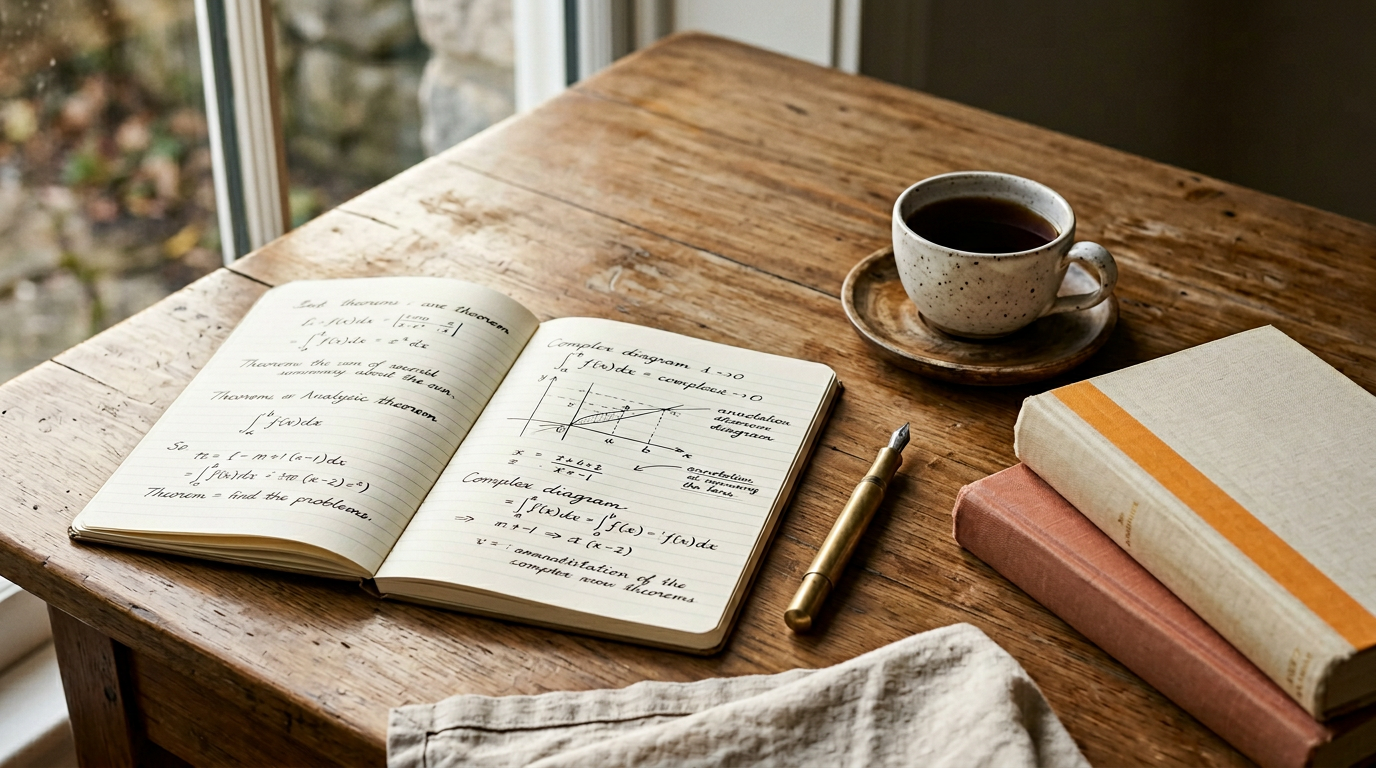 A handwritten notebook of mathematics, a fountain pen and a cup of tea on a wooden desk in afternoon light